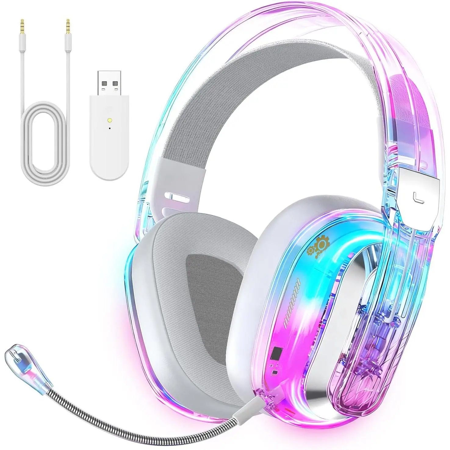 Wireless Gaming Headset for PS5, PS4, PC, Switch, Mac, 2.4GHz USB Over Ear Gaming Headphones with Crystal RGB Lights