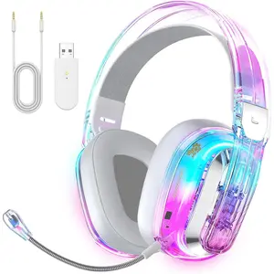 Wireless Gaming Headset for PS5, PS4, PC, Switch, Mac, 2.4GHz USB Over Ear Gaming Headphones with Crystal RGB Lights