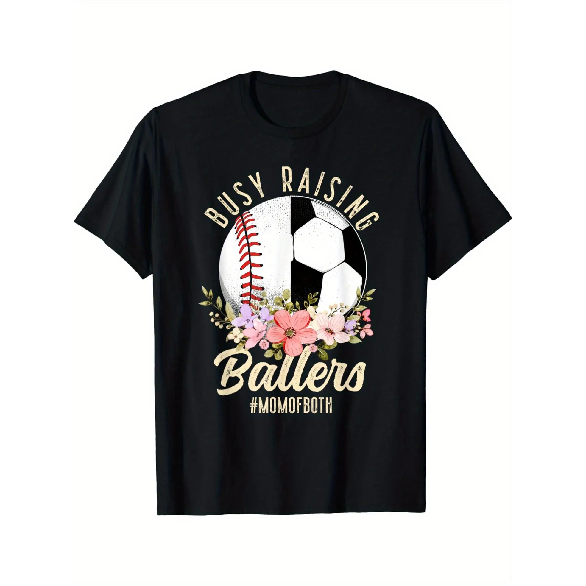 Women's 100% Cotton Knit Short-Sleeve Round Neck Casual Graphic T-Shirt - "Raising Ballers" Top for Baseball Moms, Breathable Fabric with Comfortable Fit, Shortsleeve, Tshirt, Crew Neck, Lady, Regular Fit, Adult, Sporty Chic, All Seasons, Machine Wash, Dr