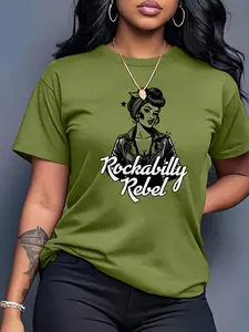 "Rockabilly Rebel" Pin-Up Women's Casual Short Sleeve Crew Neck Cotton T-Shirt – Bestselling Retro Graphic Print, Black, Machine Washable Spring & Summer Top, Soft Skin-Friendly Fabric, Daily Versatile, Fashion Design