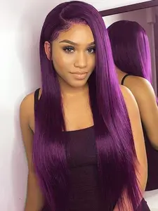 13x4 Women's Lace Front Wig Long Straight Purple Lace Frontal Wigs Heat Resistant Fibre Women Wigs Dark Purple Colored Wig Synthetic Lace Front Wig 28 Inches 180 Density Long Hair HD Wig Lace Hairline Wig