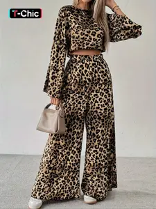 Women's Leopard Print Two-Piece Set, Comfortable Loose Long Sleeve Cropped Top & Wide Leg Pants, Spring & Fall Fashion, Casual