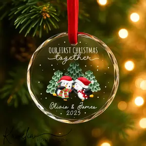 Penguin Our First Christmas Together Glass Ornament, Personalized Couple Holiday Keepsake, Custom Name & Year Decoration