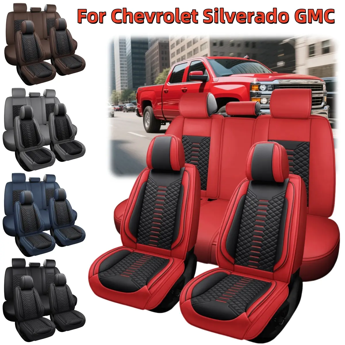 For Chevrolet Silverado GMC 1500 2500HD 3500HD Premium Napa PU Leather Full Set Car Seat Covers with Storage Bag, Front Rear Cushions Full Surround Design, Breathable Non-Slip Waterproof 4-Season Usable Protector for Vehicle Interior Decoration Accessory,