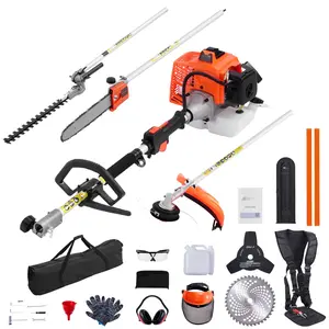 Gas Powered Hedge Trimmer And 5-In-1 Multi Tool Kit With String Trimmer, Brush Cutter, Pole Saw, Pruner Attachments, 63cc 2-Cycle Engine, Includes Protective Gear Set And 3T/40T Blades