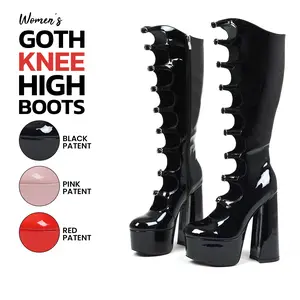 Goth Knee High Boots for Women Round Toe Chunky Block High Heel Buckle Straps Side Zipper Combat Party Punk Rave Concert Trendy Gothic Long Boots