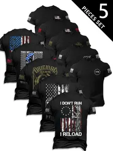 Men's Fashion Stylish Round Neck Casual Short Sleeve T-Shirt, Summer Comfortable Flag Print Outdoor Tee, 5 Pack Set, Perfect for Boyfriend Daily Wear, Menswear