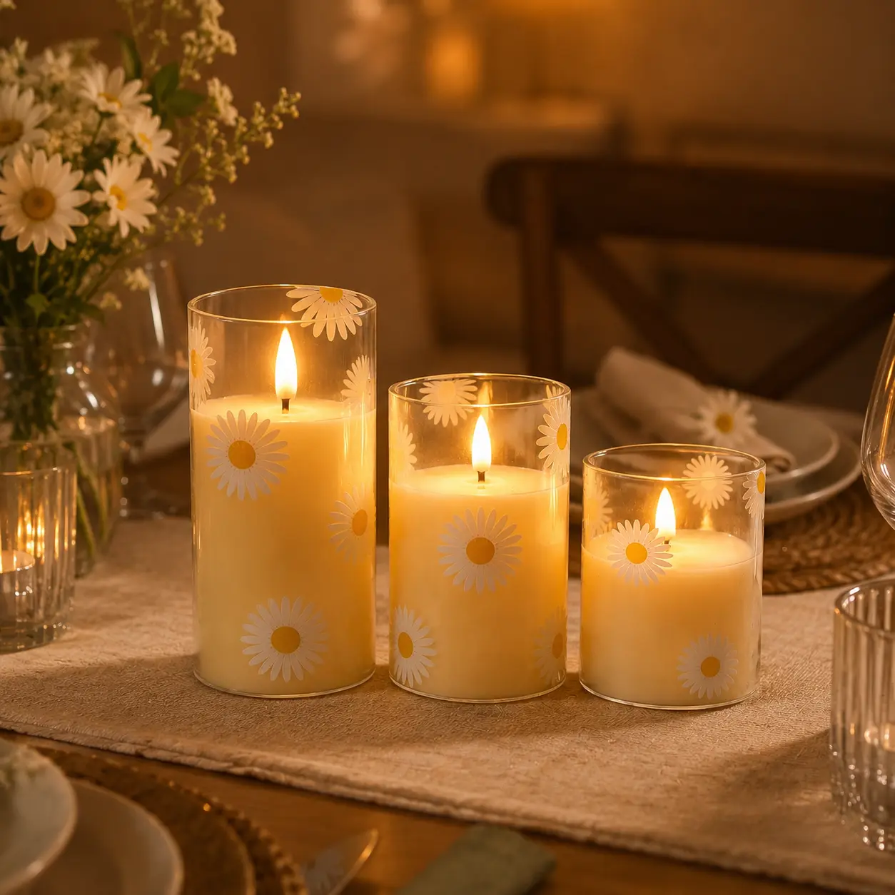 Umeuc 3-Piece Set Pack Printed LED Decorative Pillar Candles, Battery-Powered, Flameless, Smokeless, 3 Sizes Festive Home Decor for Living Room, Christmas, Three Sizes