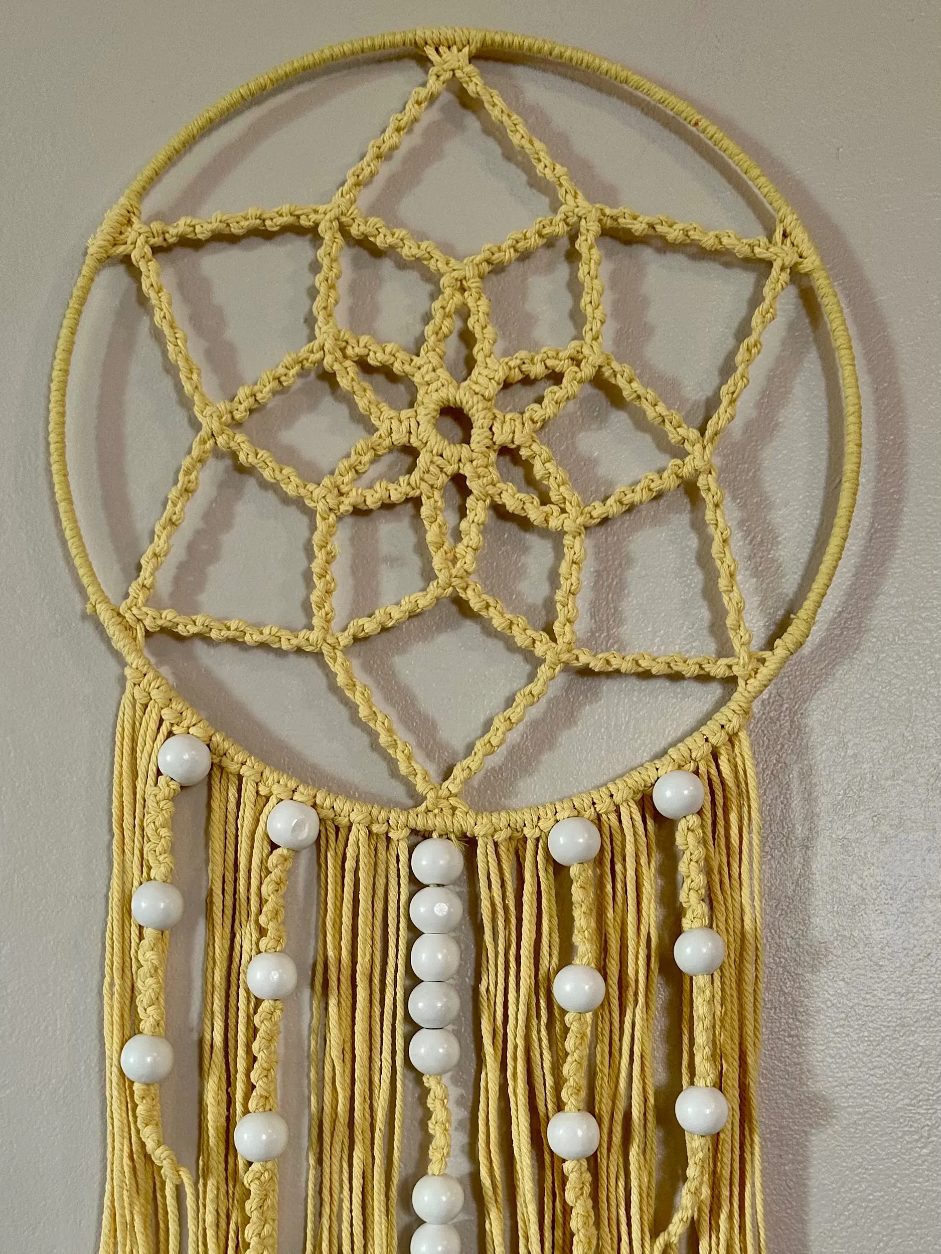 Pale yellow with white beads macrame dream catcher