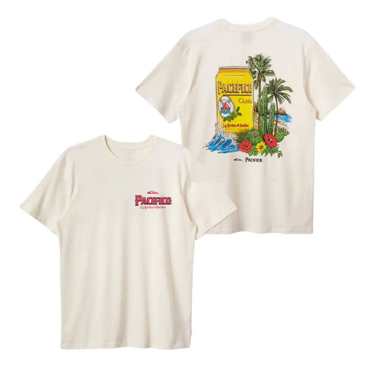 Women's Pacifico Clara Beer Graphic T-Shirt - Vintage Coastal Tropical Classic Short-Sleeve Gym Top, Fitted Casual Soft Cream Cotton Fabric Unisex Tee with Iconic Can, Palm Trees, Ocean Waves
