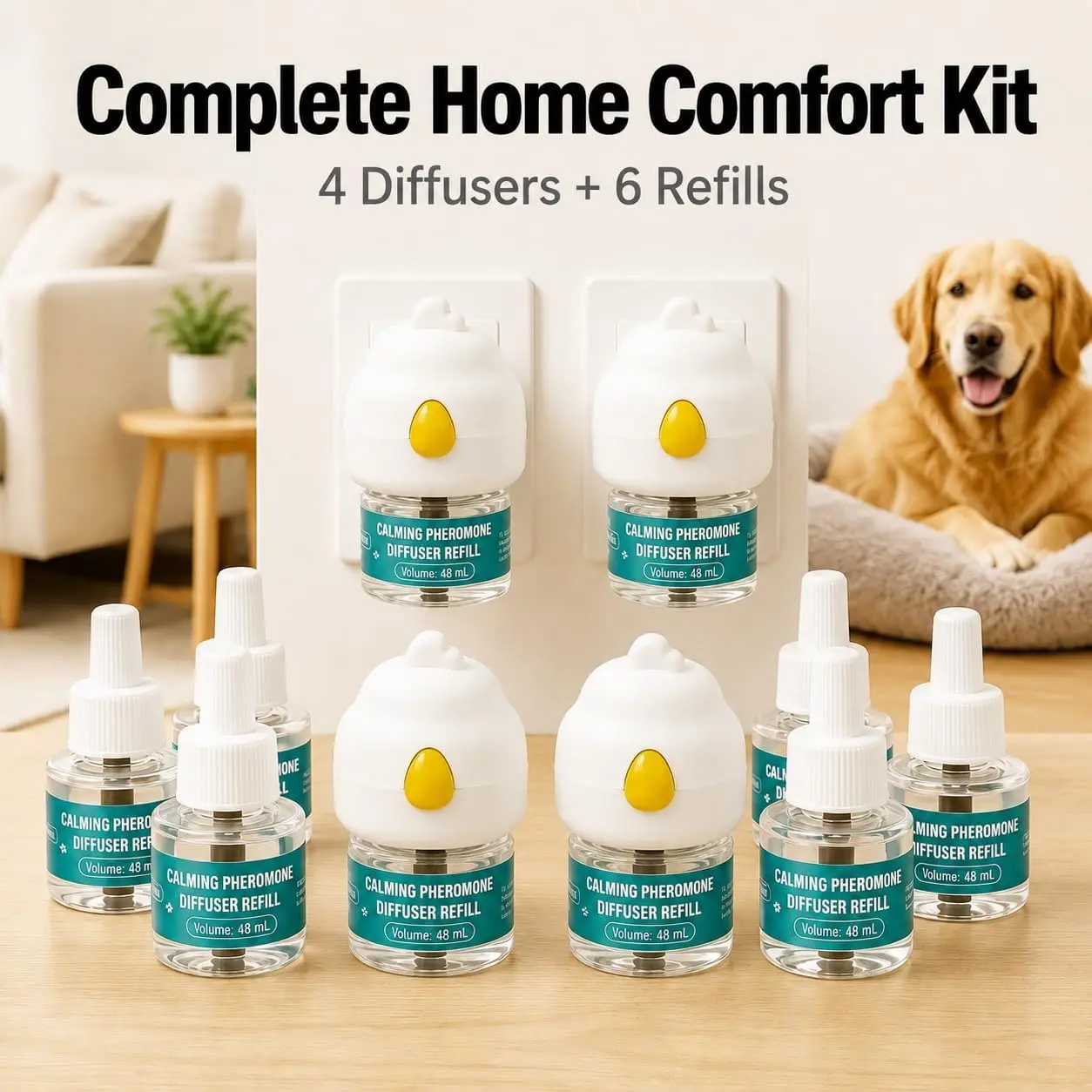 10 Pack Dog Calming Pheromone Diffuser 4 Plugs + 6 Refills (48mL Each), 180-Day Continuous Stress Relief for Dogs, Calming Aid for Anxiety, Separation, Barking, Thunder, Travel