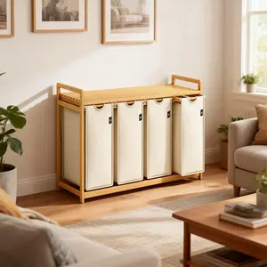 Single-layer Laundry Hamper, Bamboo Made, Eco-friendly, 4 Section Large Bamboo Laundry Sorter with Removable Bags, Efficient Clothing Storage, Perfect for Washing, Drying and Storage