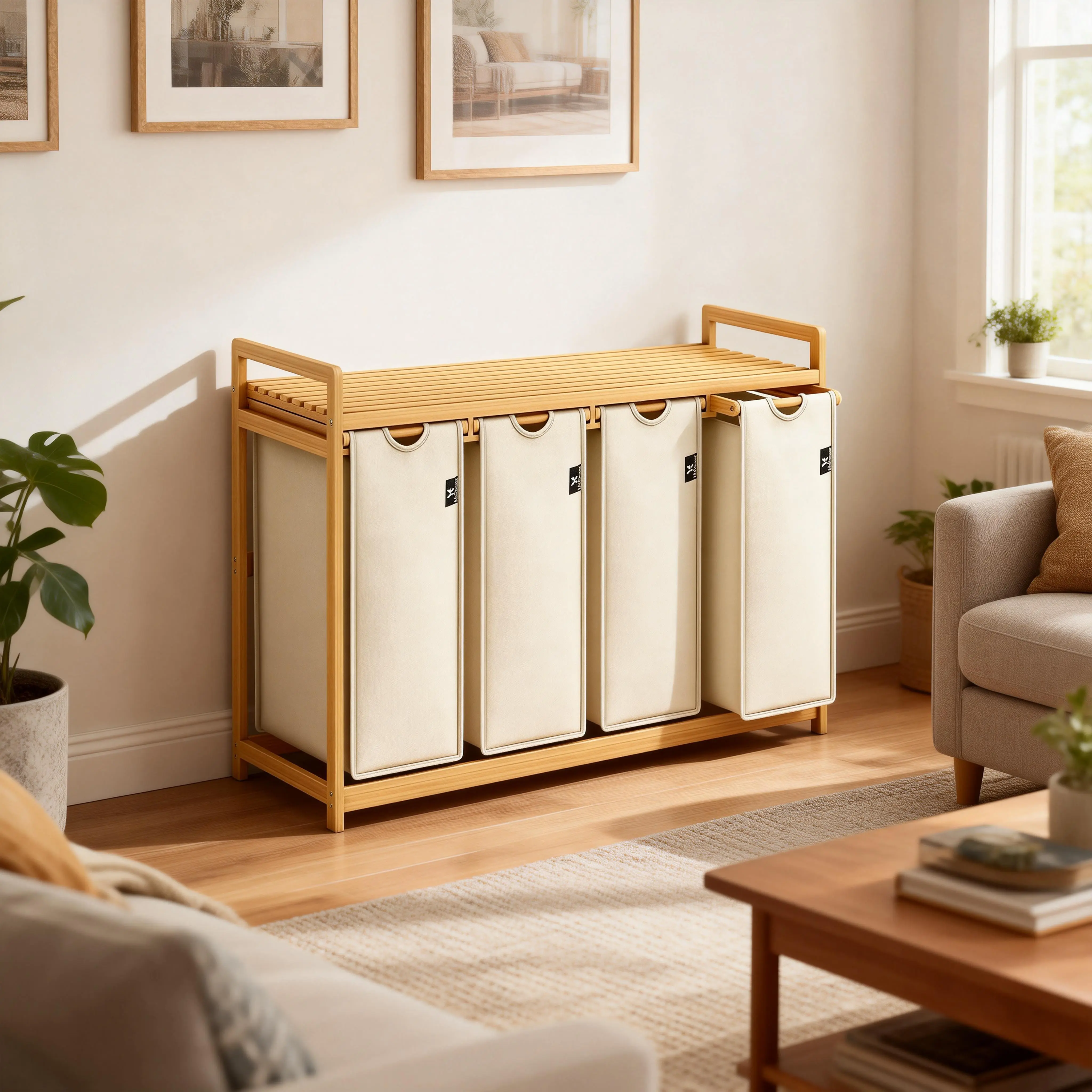 Single-layer Laundry Hamper, Bamboo Made, Eco-friendly, 4 Section Large Bamboo Laundry Sorter with Removable Bags, Efficient Clothing Storage, Perfect for Washing, Drying and Storage