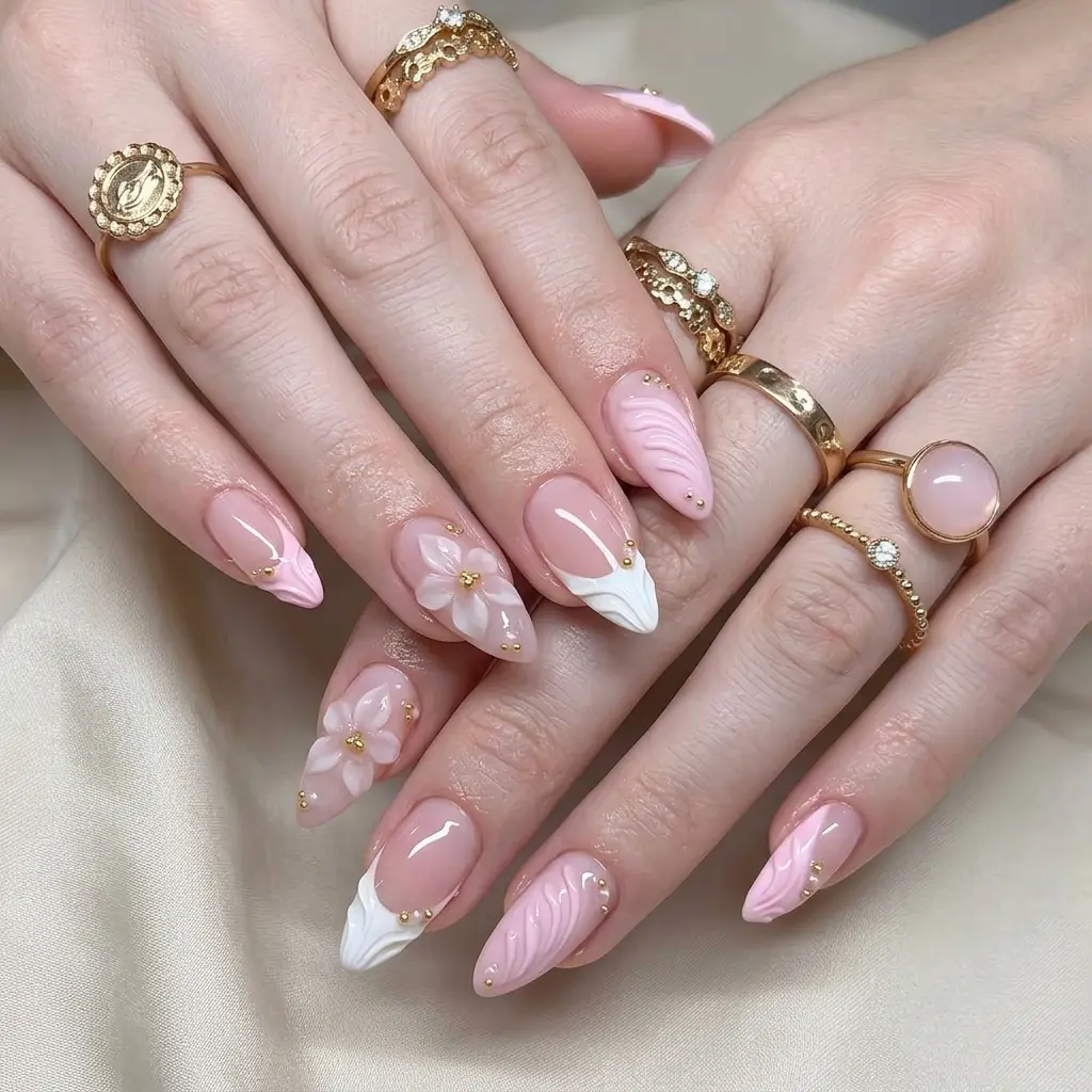 3D Pink Press on Nails Almond Medium- Medium French Tip Fake Nails with Embossed Flower&Gold Bead Designs, Glossy Finish Reusable False Nails with Glue Tabs - 24Pcs Nail Kit for Women Manicure