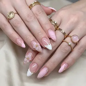 3D Pink Press on Nails Almond Medium- Medium French Tip Fake Nails with Embossed Flower&Gold Bead Designs, Glossy Finish Reusable False Nails with Glue Tabs - 24Pcs Nail Kit for Women Manicure
