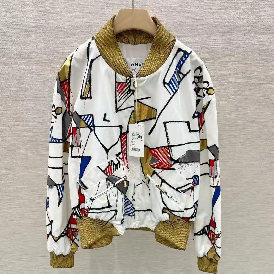 Pre-owned Chanel Métiers d’Art Egypt Collection Fitted Long Sleeve Bomber Jacket Symbol & Hieroglyph Letter Logo Printed Tops, Coats 102077