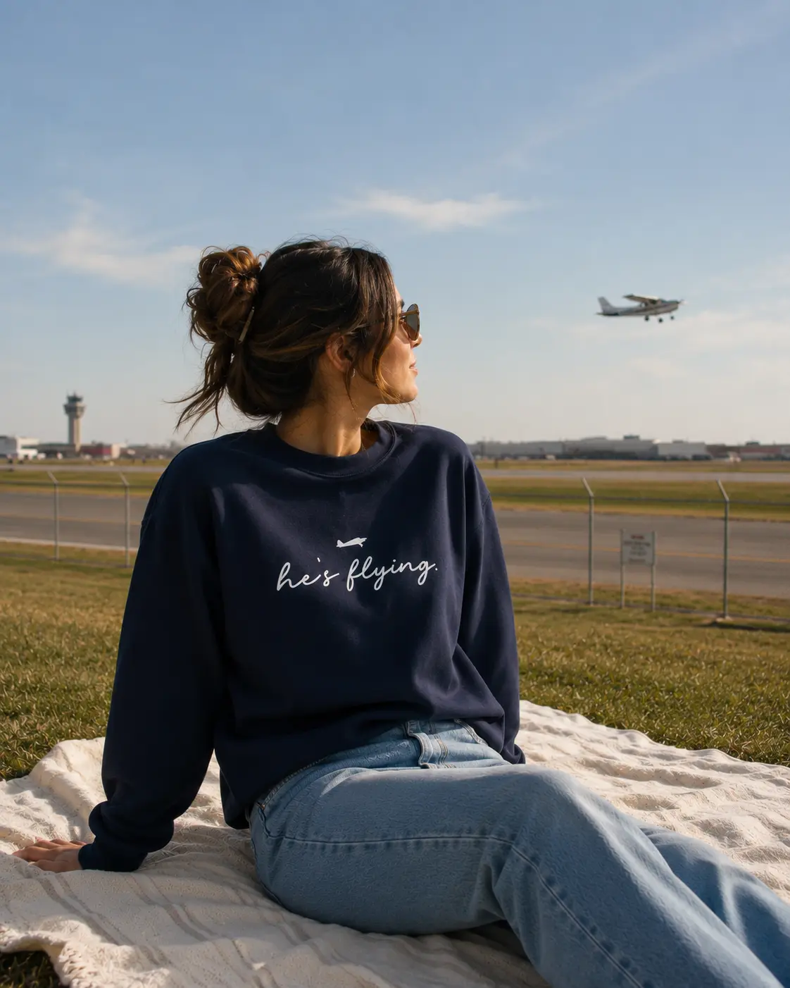 He's Flying Sweatshirt | Pilot Wife Sweatshirt | Aviation Wife Gift | Airline Pilot Girlfriend Crewneck | Flying Husband Sweatshirt