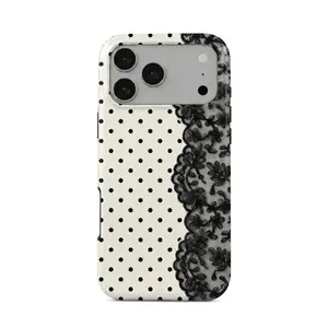 Coquette Girly Black Lace Polka Dot iPhone 16 Pro Max Shockproof Case, Elegant Floral Lace Vintage Case, Gift For Coquette Lovers