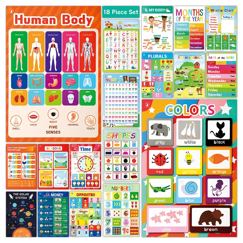 DeerSen Fun Educational Posters for Toddlers 1–3 – Set of 18 Easy to Read Learning Posters for Classroom & Homeschool Decor – Essential Preschool/Kindergarten Kids Room Wall Charts incl. ABC & Number Chart,Educational Posters for Classroom Must Haves