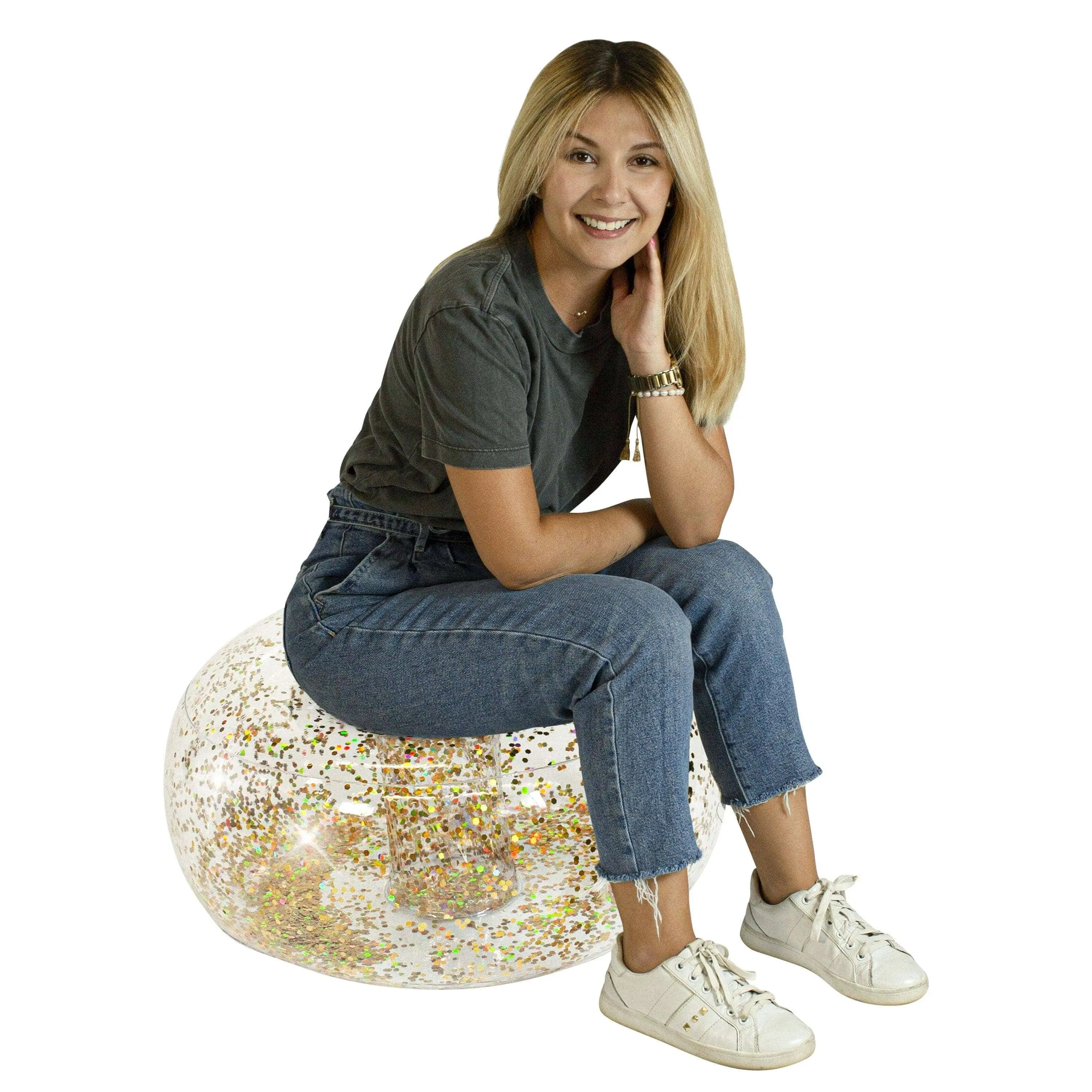 Glitter Inflatable Gold Ottoman Stool - 23x13 In Fast-Inflation Indoor Furniture with Patch Kit, 200 lbs Capacity, Suitable for Outdoor Use