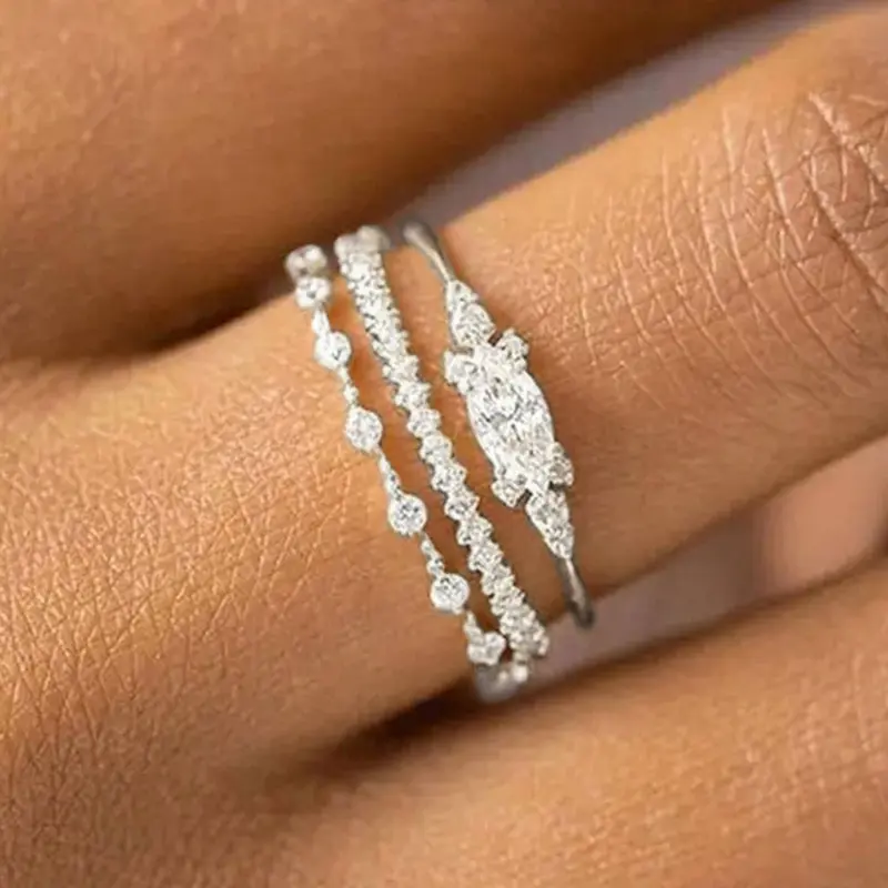 3 Pcs/Set Elegant Cubic Zirconia Ring Set For Women For Wedding Party Engagement Anniversary Jewelry Artificial Gemstone Ring Valentine's Day Gift