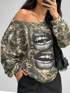 Women's Casual Loose Fit Camo Print Knitted Top, Y2K Style Sleeveless Shoulder Cut Out Blouse, Perfect for Spring & Fall Parties, Shoulder Tops