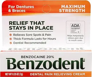 Benzodent Maximum Strength Dental and Oral Pain Relieving Cream for Dentures, Mouth Sores, and Braces, Long lasting Topical Anesthetic, 0.25 oz