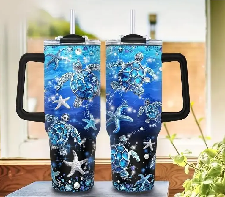 [Gift Box & Straw] Sea Turtle Ocean Style Tumbler 20oz 40oz With Handle & Straw, Blue Marine Turtle Graphic Stainless Steel Insulated Travel Mug, Beach Aesthetic Drinkware Gift For Ocean Lovers