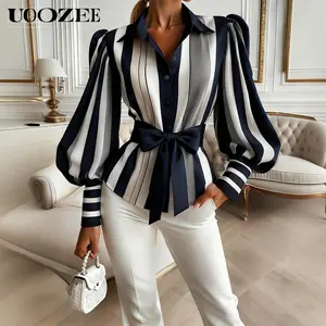 UOOZEE Women's Feminine Lightweight Smooth-Fabric Contrast-Color Striped Tie-Waist Blouse - Long Puff Sleeves Belted Office Wear Top for Spring Brunch, Fall Office, Cocktail; Pair with Trouser