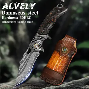 ALVELY, Damascus Steel Handmade, Exquisite Handle, Outdoor, Camping, with Leather Sheath, EDC, Survival Knife, Christmas Gift!