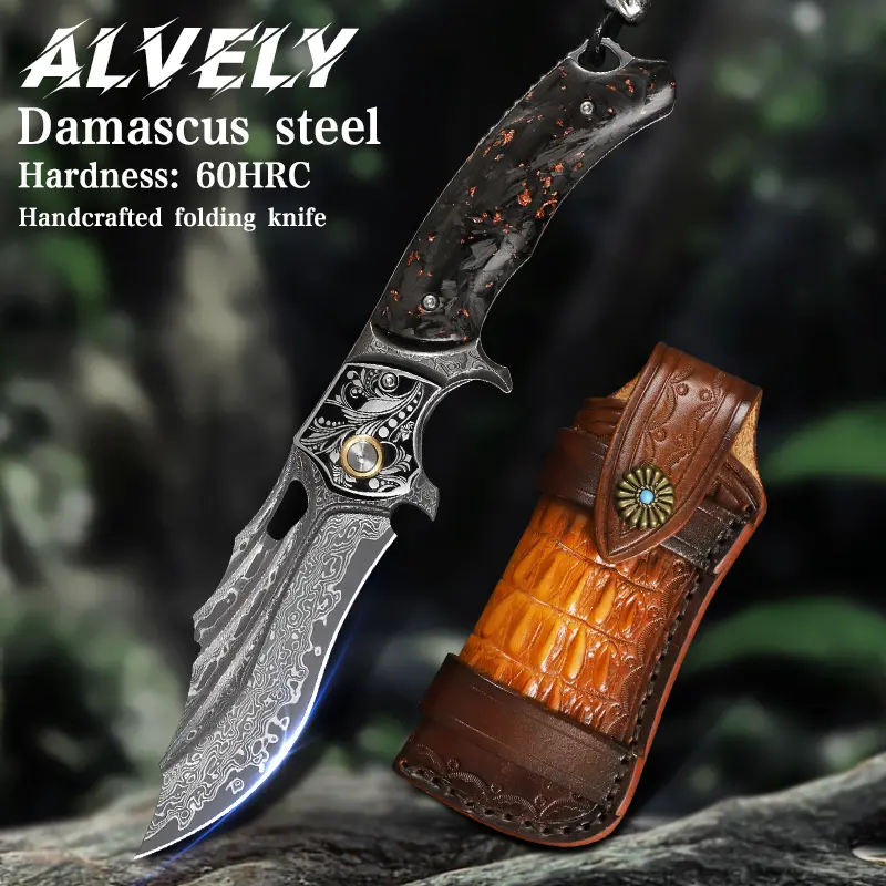 ALVELY, Damascus Steel Handmade, Exquisite Handle, Outdoor, Camping, with Leather Sheath, EDC, Survival Knife, Christmas Gift!