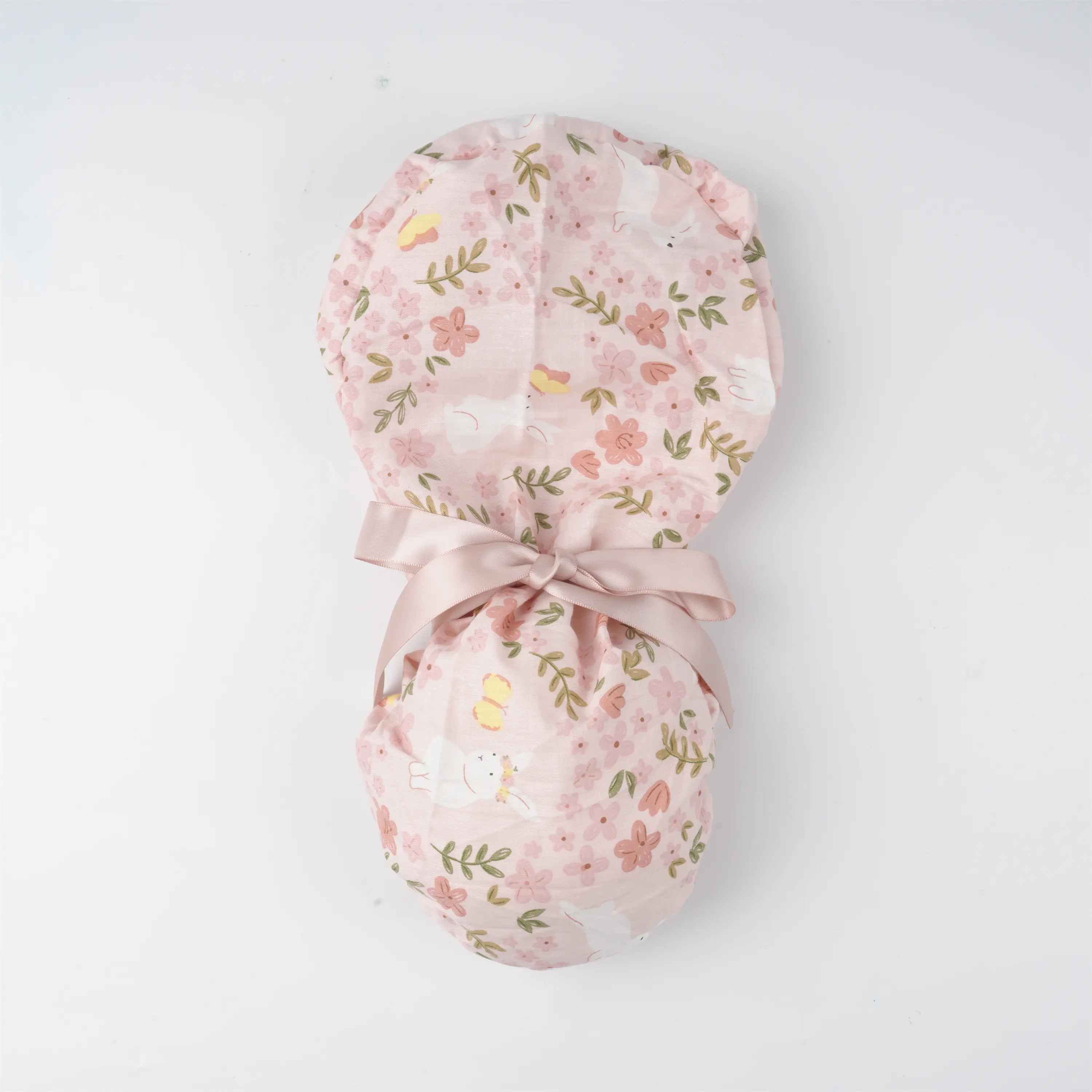 Ponytail Scrub Hat with Buttons: Cute Bunnies/Floral Design, Cotton Fabric, Surgical/Doctor/Nurse Cap