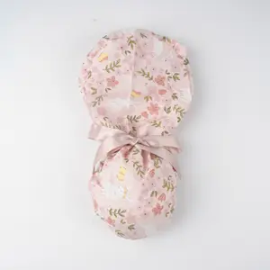 Ponytail Scrub Hat with Buttons: Easter Bunnies/Floral Design, Cotton Fabric, Surgical/Doctor/Nurse Cap