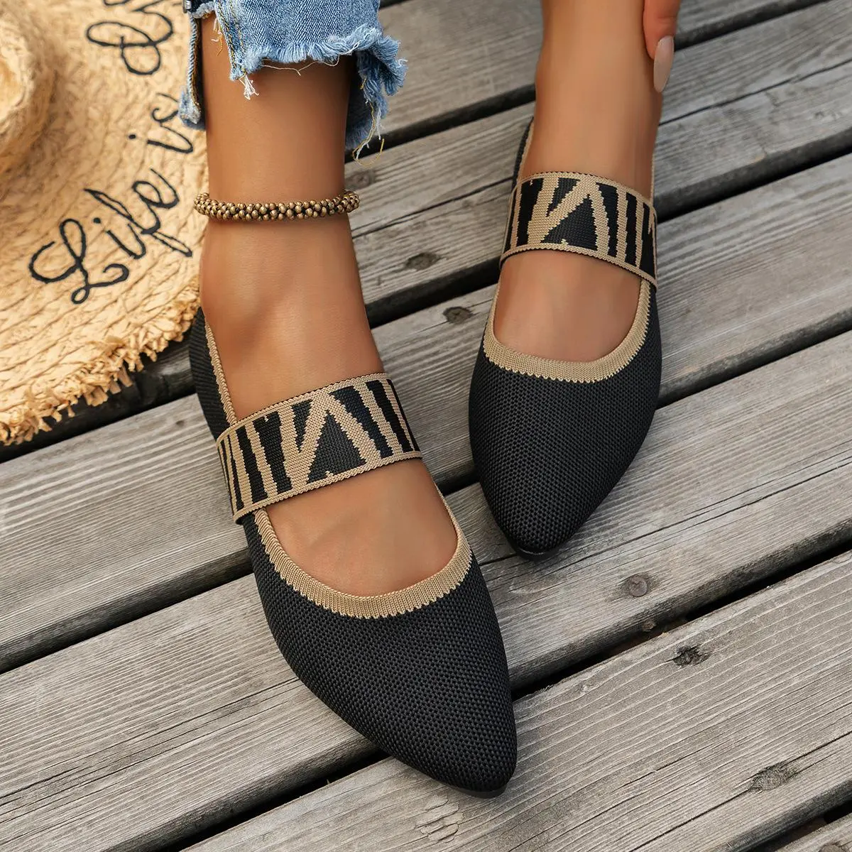 Women's Pointed Toe Mary Jane Flats - Slip On Knit Shoes with Breathable Lightweight Mesh Upper, Comfortable Work Walking Shoes for Women Casual Daily Wear tiktokshopbacktoschool