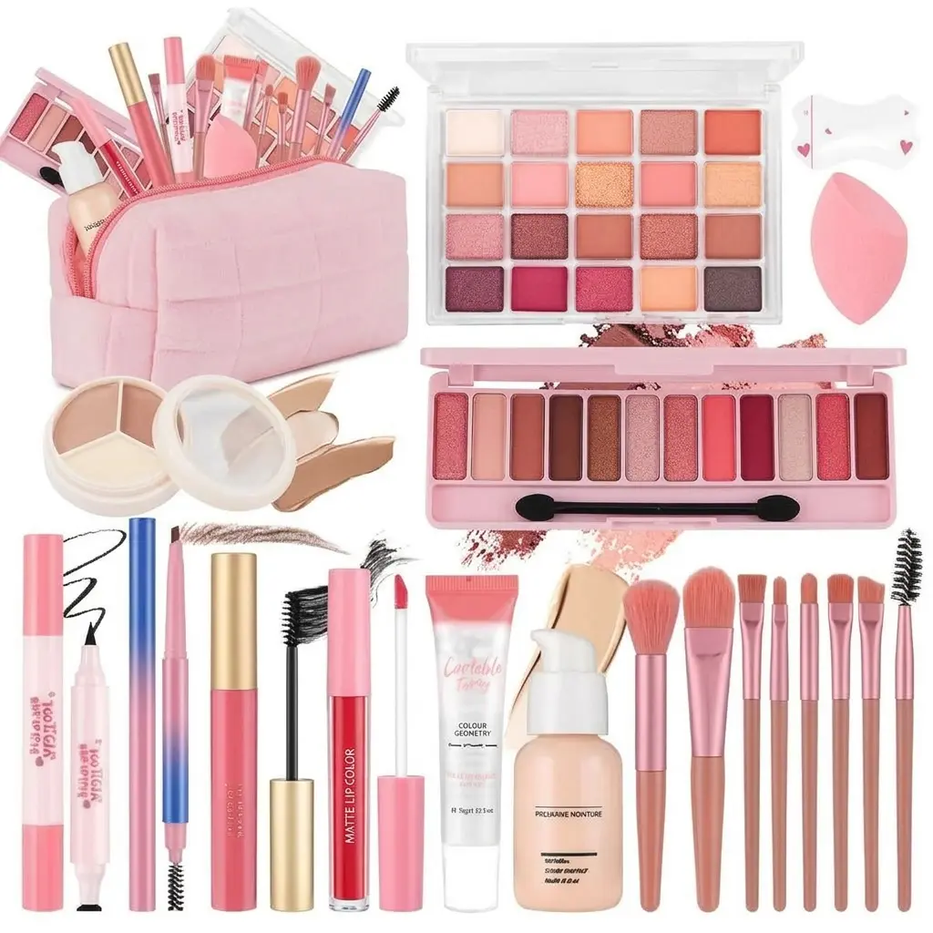 All In One Makeup Kit for Teen Girls Beginners with Foundation, Eyeshadow, Lipstick, Eyeliner, Mascara, Brushes, Bag, Travel Friendly Make Up Smooth Cosmetic, Makeup Products Six-In-One Makeup Sets