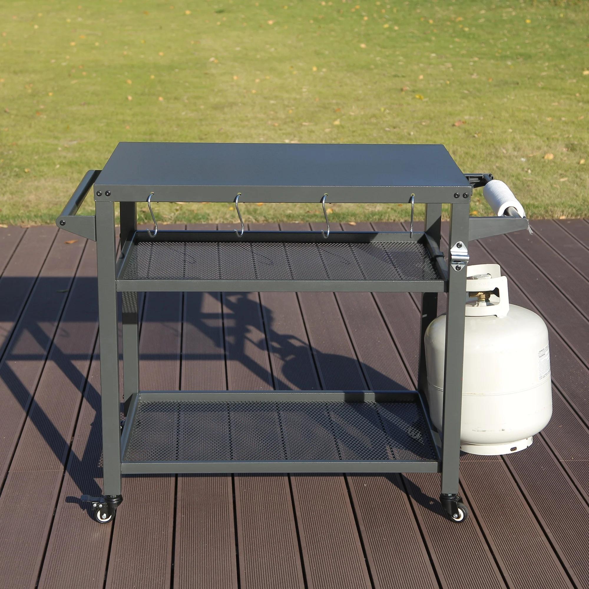 Moveable Outdoor Kitchen BBQ Worktable Trolley 42" W X 22" D 3 Storage Shelves Grill Cart Table Wheels Hooks for Food Parks
