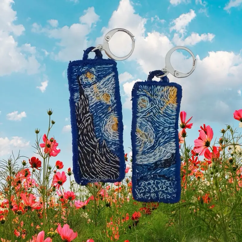 Starry Night Embroidered Dangle Earrings - Star Details Earrings, Van Gogh Inspired Statement Costume Jewelry, Handmade Embroidery Thread Fashion Accessories
