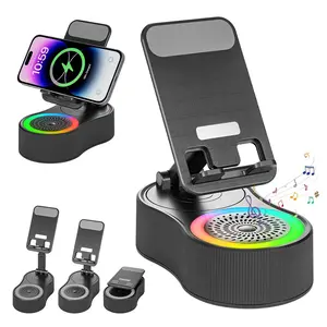 Phone Holder with Wireless Bluetooth Speaker, Support Emergency Charging, 2000mAh Rechargeable with Colorful Ambient Light 360° Rotation Foldable Stand for Tablet iPhone Android, Gifts for Men Women
