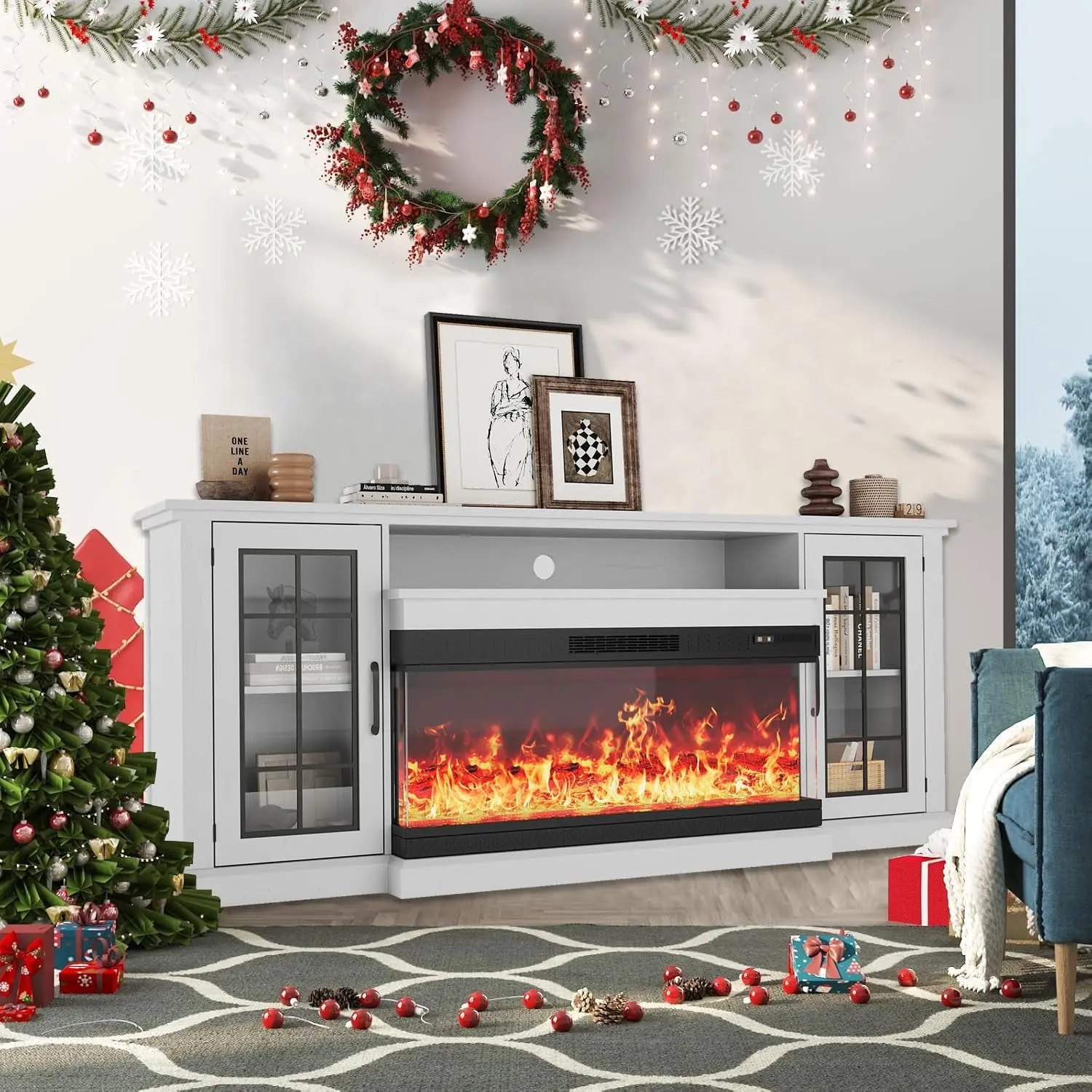 75-inch 3-Side Glass Fireplace TV Stand for TVs Up to 85", Rustic Living Room Media Console with 12 LED Light Colors, Glass Door Storage & Distressed White Entertainment Center, Television Stand, Tv Console Cabinet