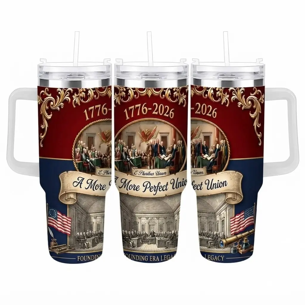 40oz Reusable Double Wall Insulated Stainless Steel Tumbler (1,000-2,000 ml) with 3-in-1 Rotating Lid, Handle, Straw – 250th Anniversary (1776-2026) Patriotic Design: Features “A More Perfect Union”, Founding Era Legacy, E Pluribus Unum, Americ