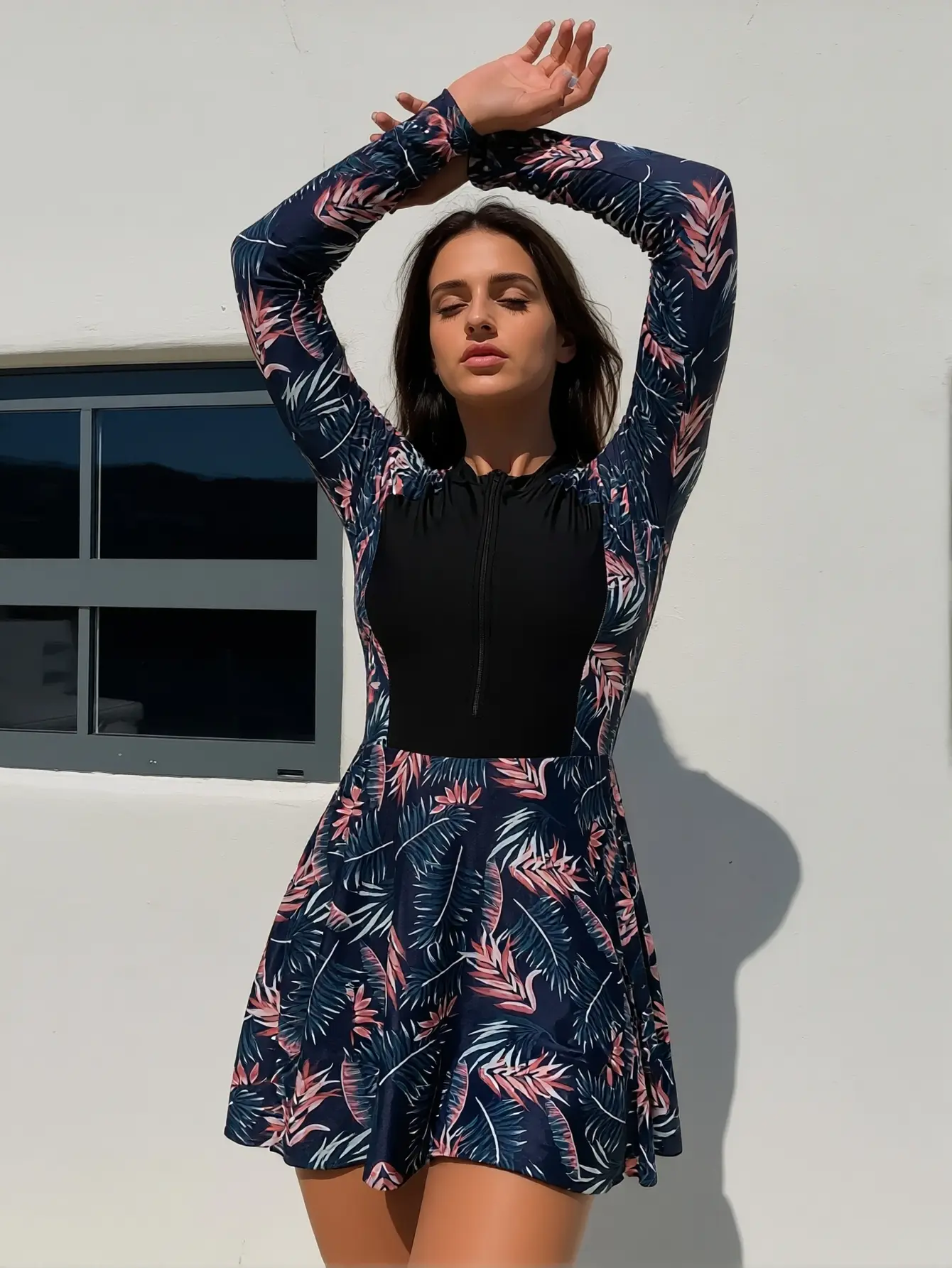 Women’s Plus Size Tropical Print Long-Sleeve Swimdress - 1-Piece Tummy Control Full Coverage Modest Swimwear for Beach, Vacation