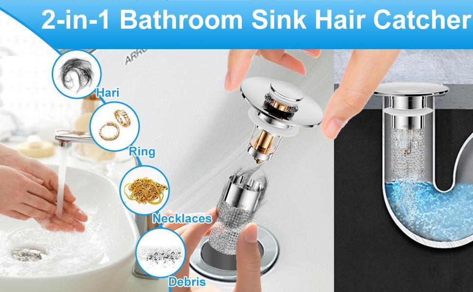 Bathroom Sink Stopper, Universal Drain Filter with Hair Strainer, Universal Bathroom Sink Drain Pop Up Stopper for Stainless Steel Floor Drain Filter
