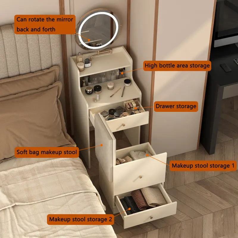 [SOIYELIFE] 3 in 1 Vanity Desk With mirror and light ,Small makeup vanity set with charging station, With 2 drawers and open storage space, with upholstered stool, Compact Dressing Table Writing Desk for Small Sp,Unique furniture