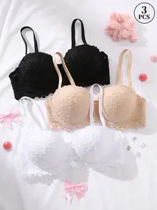3PCS Floral Lace Underwire Push-Up Bra - Elegant Adjustable Detachable Straps, Comfort Breathable, Solid Color Close-Fitting | Valentine's Day Dates, Bridal & Everyday Wear