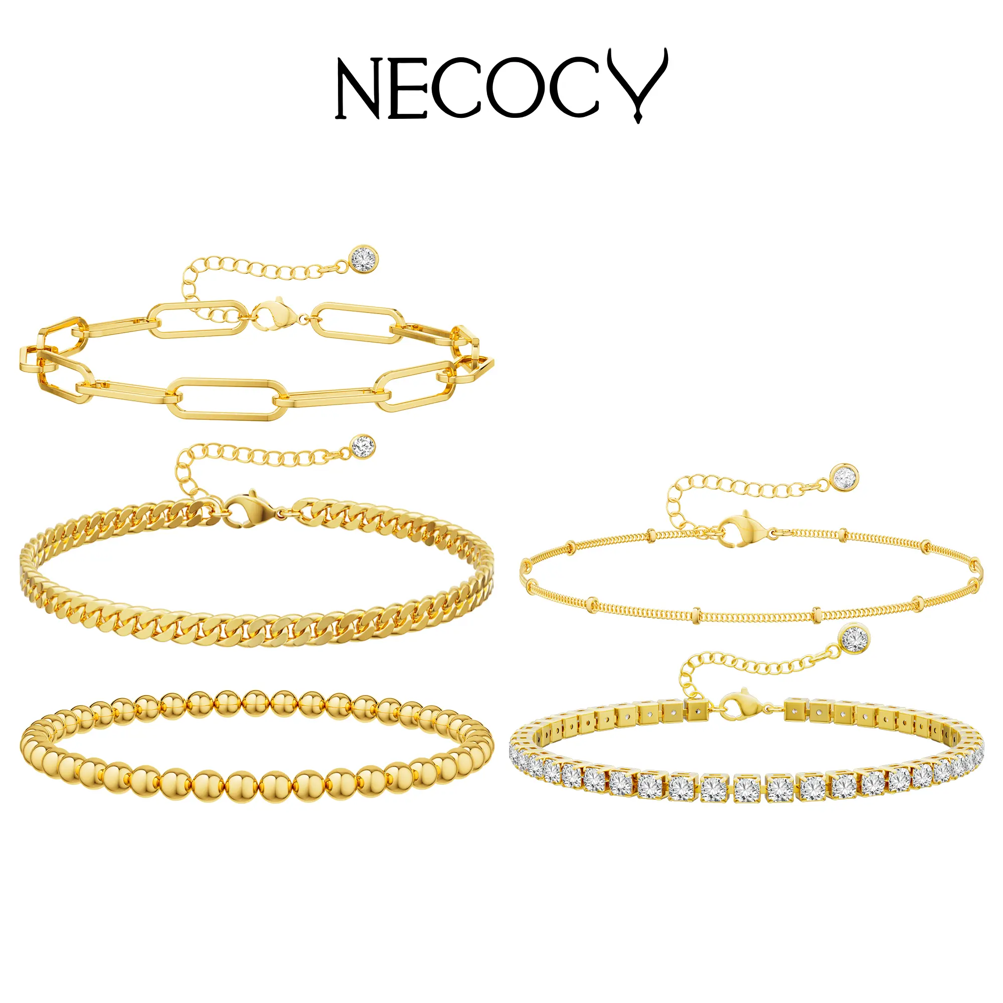 Deramay Waterproof Bracelets for Women Trendy Fashion Stackable Tennis Beaded Figaro Herringbone Paperclip Link Bracelet Pack Stack Gifts for Women