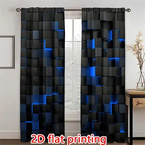 [Geometric Print Curtains] 2pcs Blue Geometric Print Curtains | Semi-Transparent Privacy Drapes, Light Filtering, Rod Pocket Design - Machine Washable Polyester Fabric for Living Room, Bedroom, Office, Hotel Decor | 2D Flat Printing, Modern Window