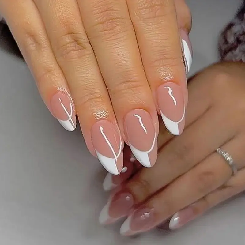 Swirl French Tip Press On Nails | "Clean Girl" Nude & White Almond Nails