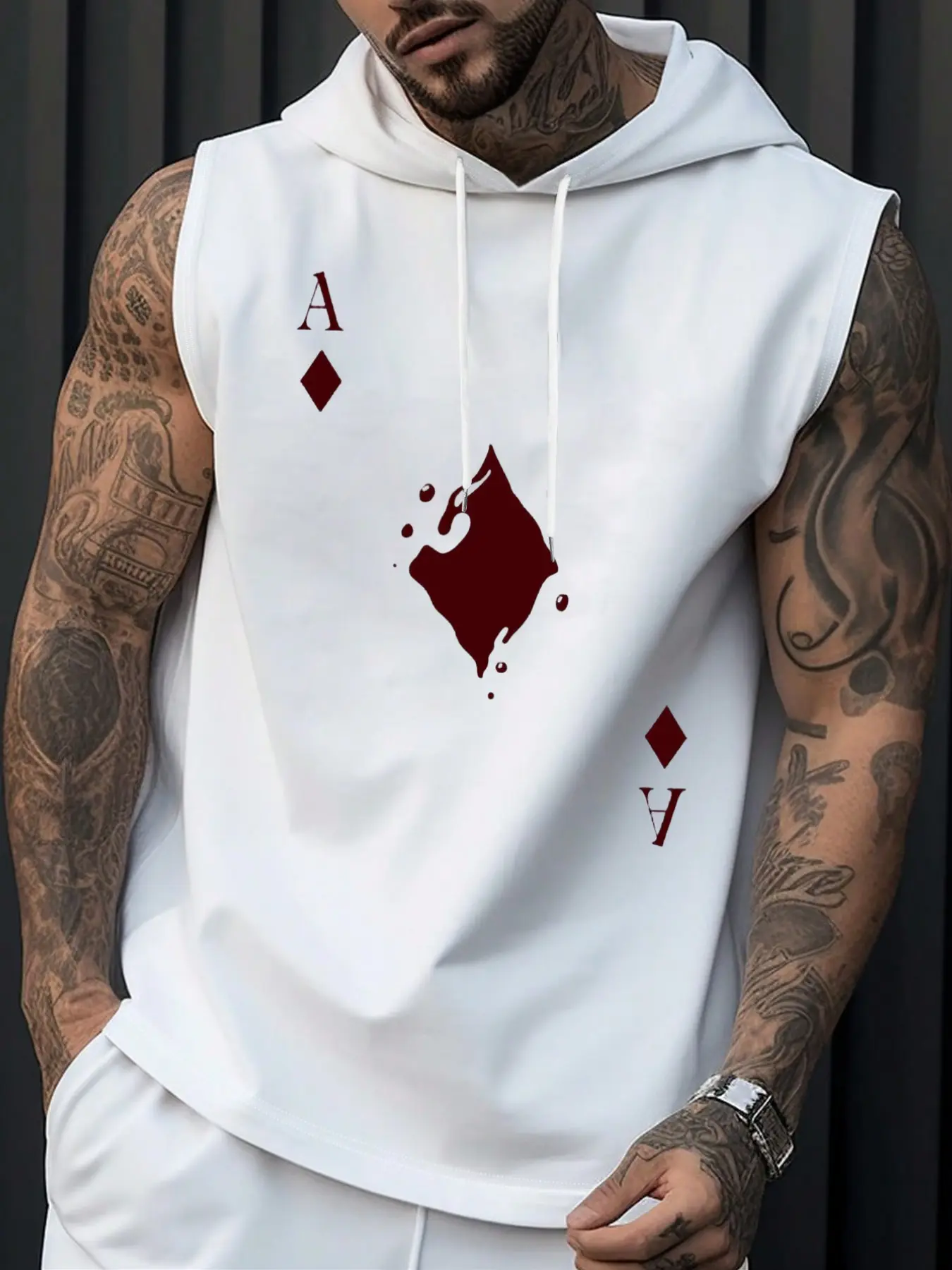Men's Casual Hooded Sleeveless T-Shirt with Poker Totem Print, Fashion Versatile Sports Style, Perfect for Summer Fitness Outdoor Wear
