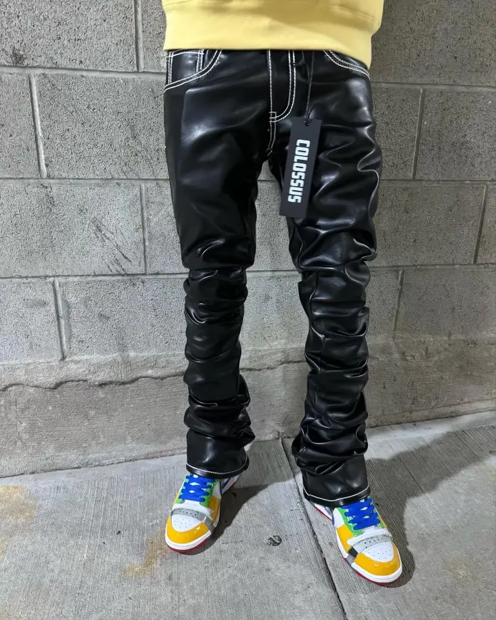 Black Leathered Stacked Jeans