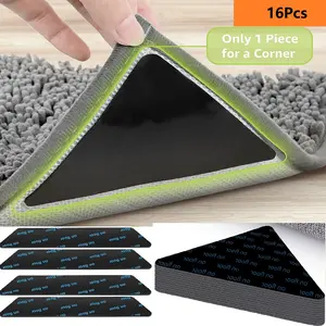 16 Pcs Rug Tape, Non Slip Rug Pads Grippers for Hardwood Floors and Tiles, Reusable Carpet Tape for Area Rugs, Double-Sided Adhesive Rug Stickers Keep Corners Flat (Black)